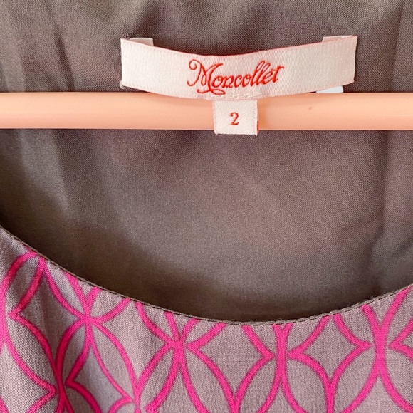 Moncollet 100% Silk Gray Sheath Dress with Pink Pattern Women's Size 2 - Picture 2 of 13